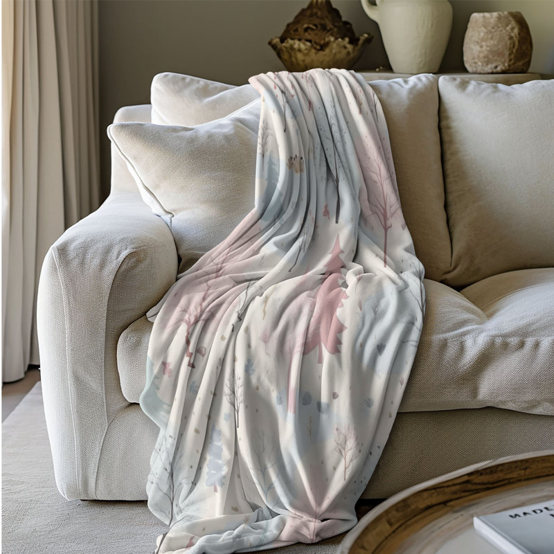 Whimsical Pastel Highlands - 1 Piece Premium Sherp Throw Blanket, Queen, White/Pink/Blue