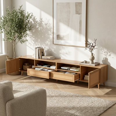 Modern Farmhouse Rattan Media Console with Solid Wood Legs for TVs Up to 90 Inches, with Storage Cabinets and Open Shelves