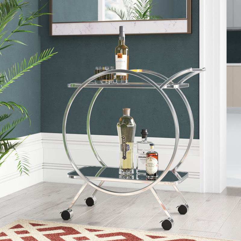 2 Tier Tea Wine Serving Cart for Kitchen, 81.5cm Drinks Metal and Tempered Glass Bar Trolley, Silver