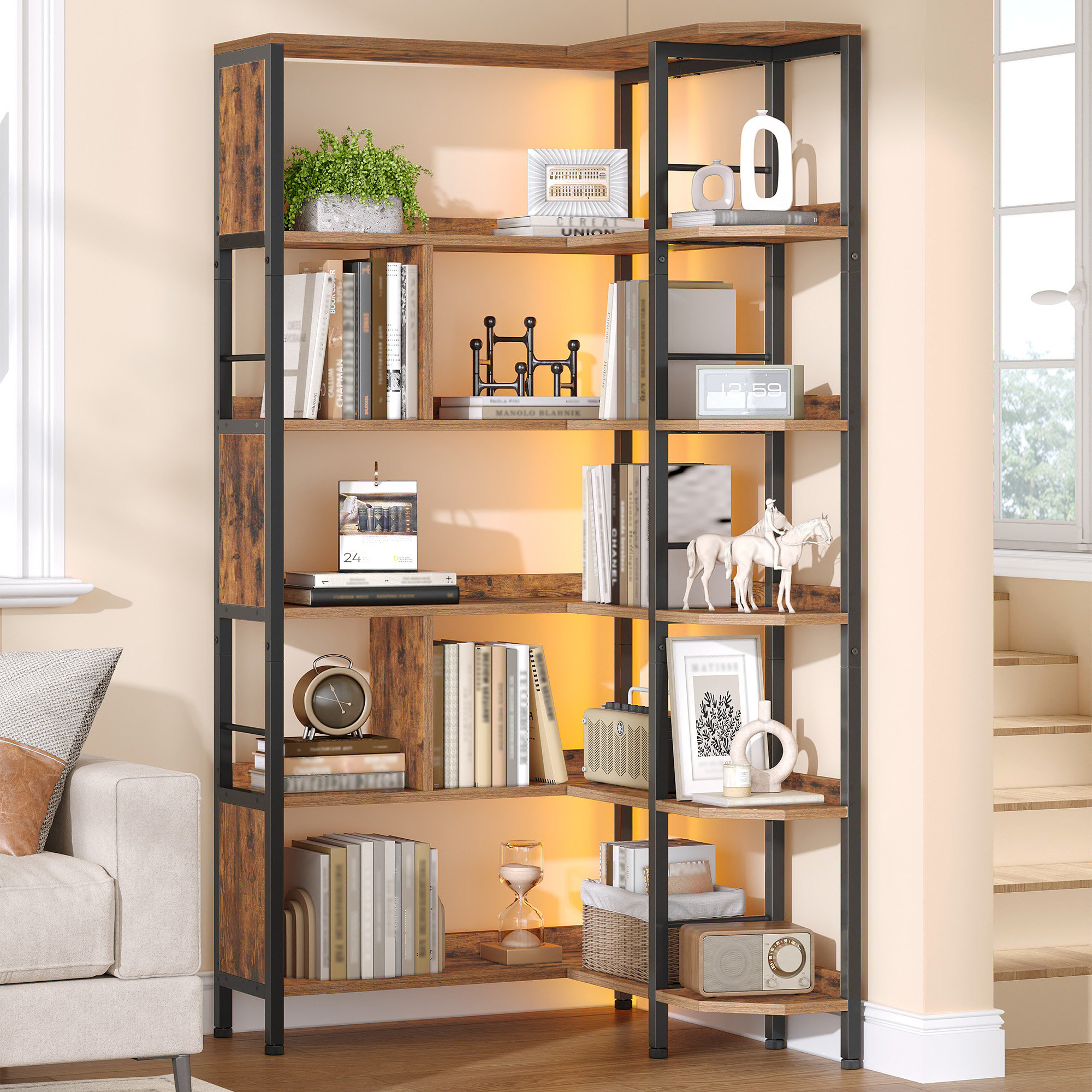17 Stories Corner Bookshelf with LED Lighting, 5-Tier Corner Bookshelf ...