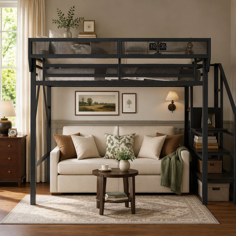 Metal Twin Loft Bed with Stairs Storage Shelves and Wardrobe for Space Saving Kids Bedroom Organization, Simple extra long