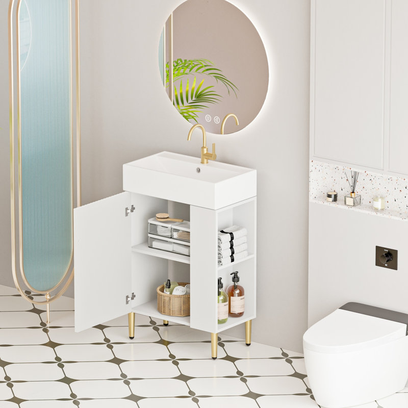 Bathroom Vanity With Ceramic Sink And Soft-Closing Door, White