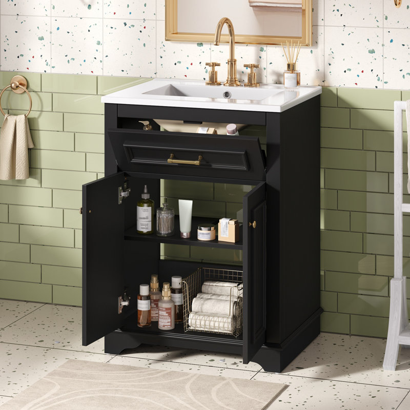 Meuble-lavabo moderne 24 "avec lavabo en céramique et structure en bois massif Kaito, Noir