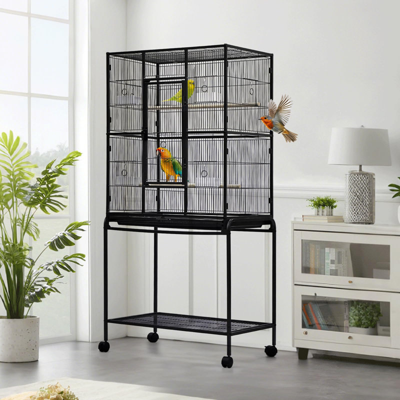 Très grande cage à oiseaux de 62 po avec support roulant et tablette de rangement - cage de vol en fer forgé robuste, verrou sécuritaire - idéal pour les perruches, les perroquets, les cacahuètes, les conures, les tourtereaux - noir, spéc.: 20