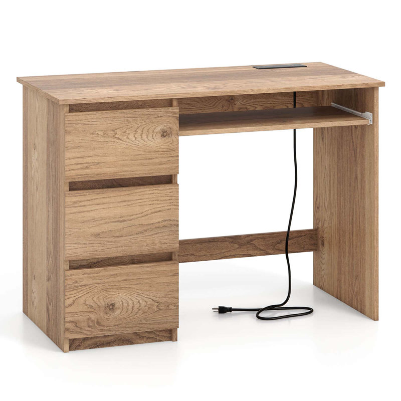 Computer Desk With Power Outlet Keyboard Tray & 3 Large Drawers Type-c & Usb Ports, Brown