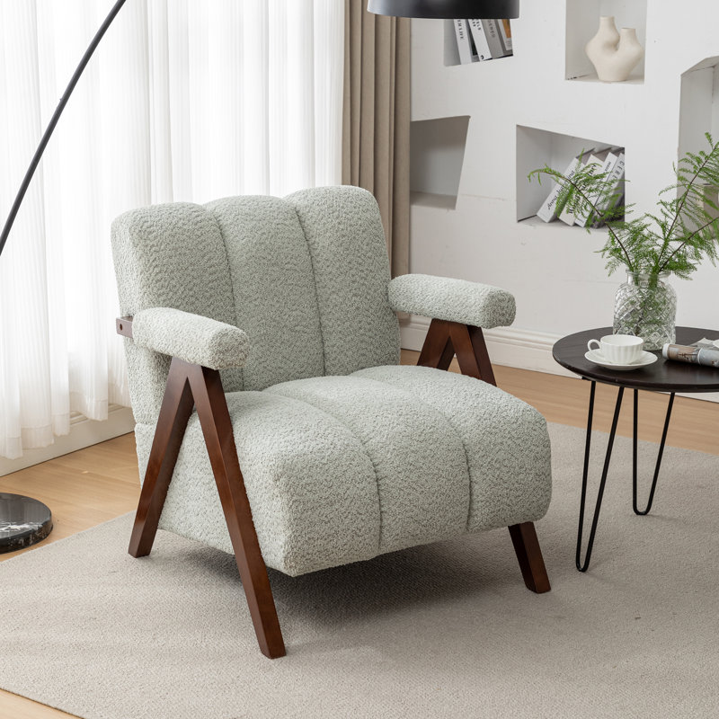Draedyn Upholstered Boucle Armchair with Solid Wood Legs, Sage, 1