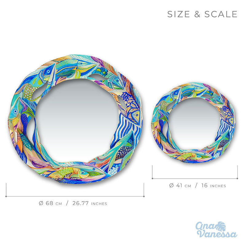 Miroir d'appoint poisson, H 26,77 po x l 26,77 po, Effet de verre multicolore