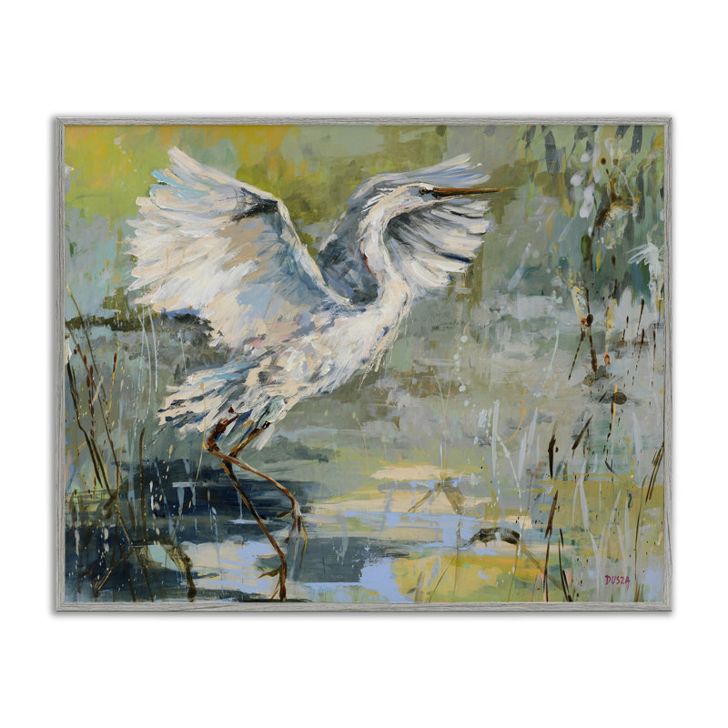 «Radiant Crane at Pond», estampe numérique, conception de Dusza, H 24 po x l 30 po, Estampe numérique Farmhouse