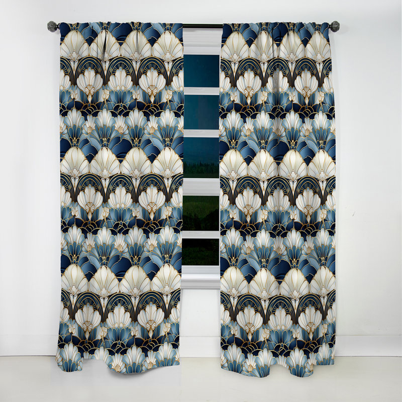 Art déco bleu et blanc des années 1970 - Rideau damassé occultant - 1 panneau, L 52 po x L 84 po