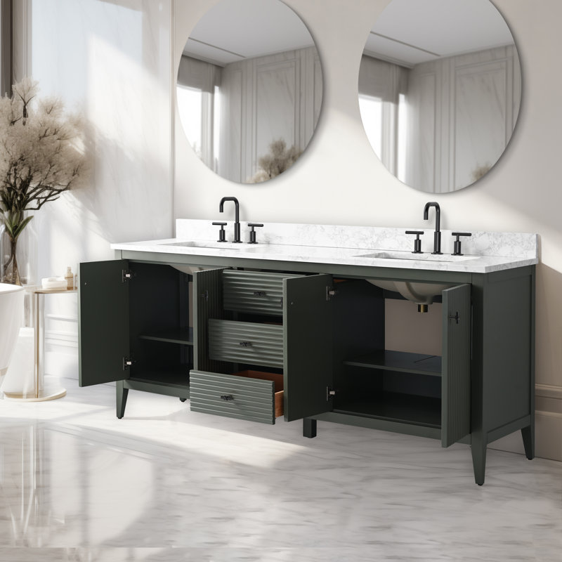 Ensemble de meuble-lavabo autoportant à double cuve 72 po avec plateau en marbre Lavallon, Linéaire vert rétro, Noir mat