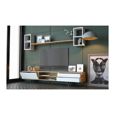 Meuble télé moderne scandinave, blanc et chêne, 70,9 po x 17,7 po x 15,7 po | 100% aggloméré de qualité E1, épaisseur 0,63 pouce | Assemblage facile avec le système Minifix, conception élégante et fonctionnelle pour le salon