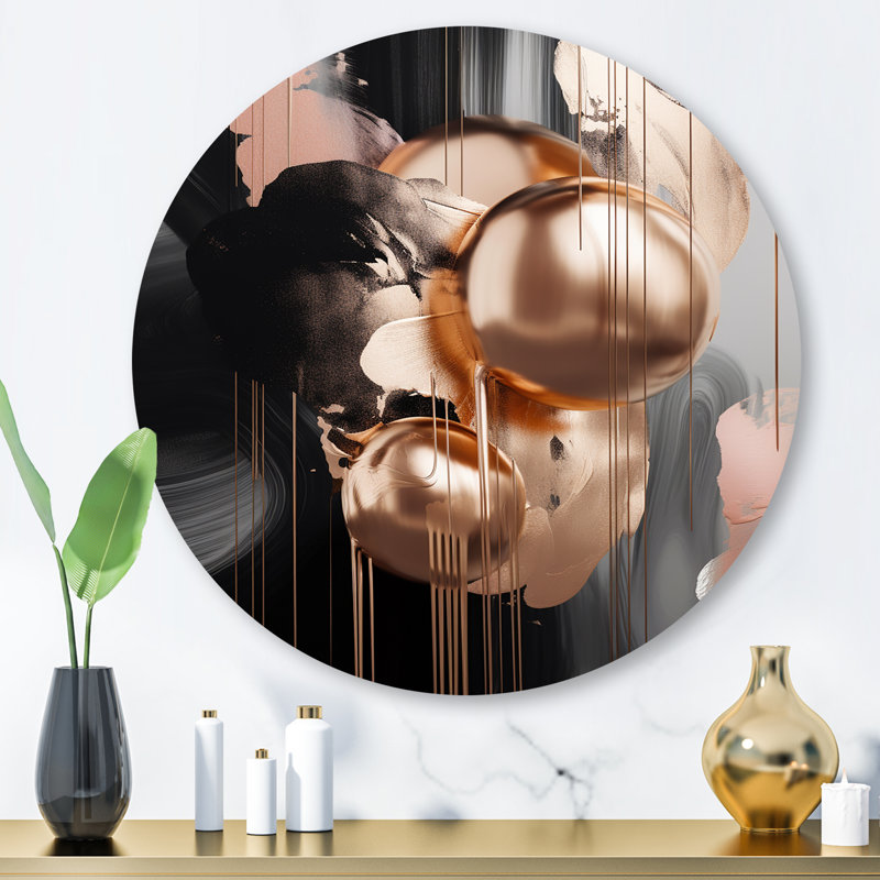 «Gold and Black Marble Expression III», art mural rond abstrait en marbre sur métal, H 36 po x l 36 po x P 1 po