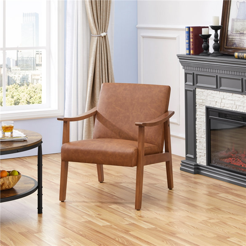 Faux Leather Accent Chair (Flat Arms), Brown, Brown