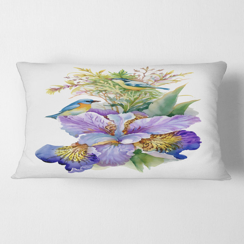 Iris mauve avec oiseaux - coussin traditionnel imprimé
