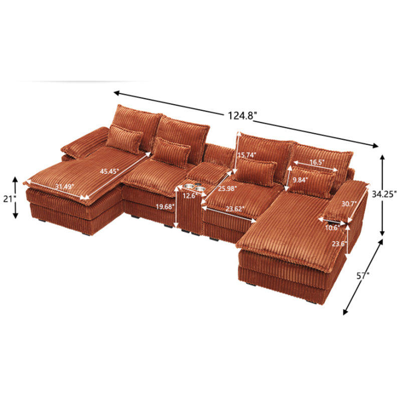 Canapé modulaire moderne en U en velours côtelé de 125 po avec console de rangement et ports USB, porte-gobelets, Orange