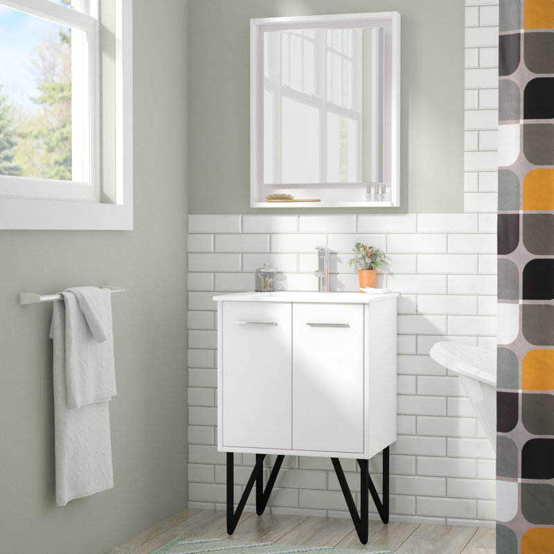 Ensemble de meuble-lavabo de salle de bain simple avec miroir 24 Almaraz, Blanc brillant