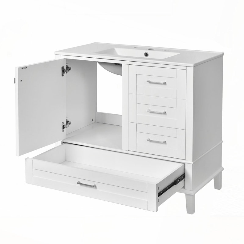 Meuble-lavabo moderne 36 po avec cadre en pin massif, 1 porte à fermeture douce et 3 tiroirs, armoire de rangement moderne