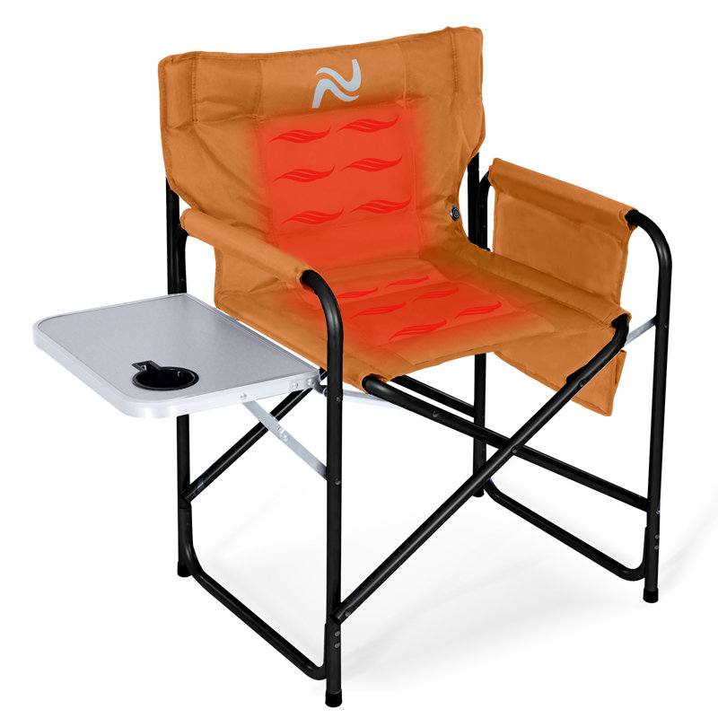 Oversized Heated Camping Chair, Portable Directors Chair With 3 Heat Levels And Side Table, Brown