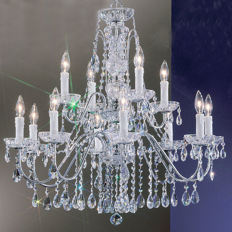 Lustre à plusieurs niveaux de style bougie 12 lumières Letitia, Chrome, Crystalique