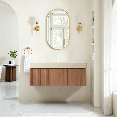 Meuble-lavabo de luxe en noyer de 122 cm avec lavabo en céramique blanche, meuble de salle de bain suspendu avec tiroirs et portes doubles, meuble-lavabo mural en pierre frittée de style moderne du milieu du siècle