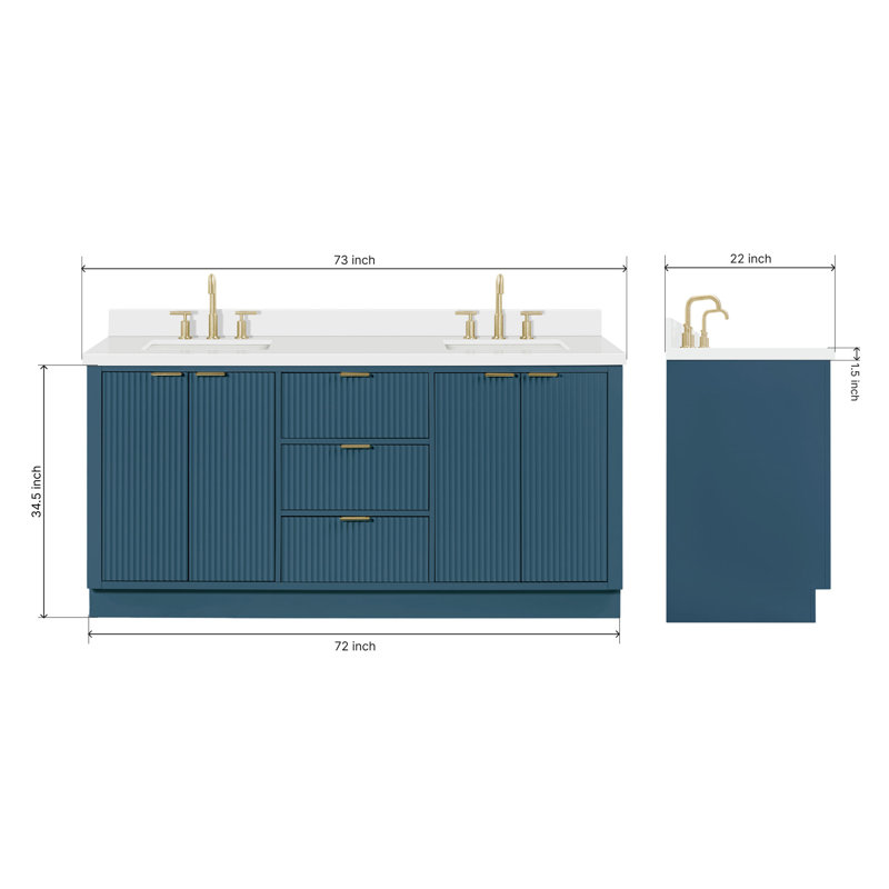 Meuble-lavabo double en bois massif de 72 po avec plateau en quartz blanc de 1,5 po Haun, Rectangulaire, Bleu rétro