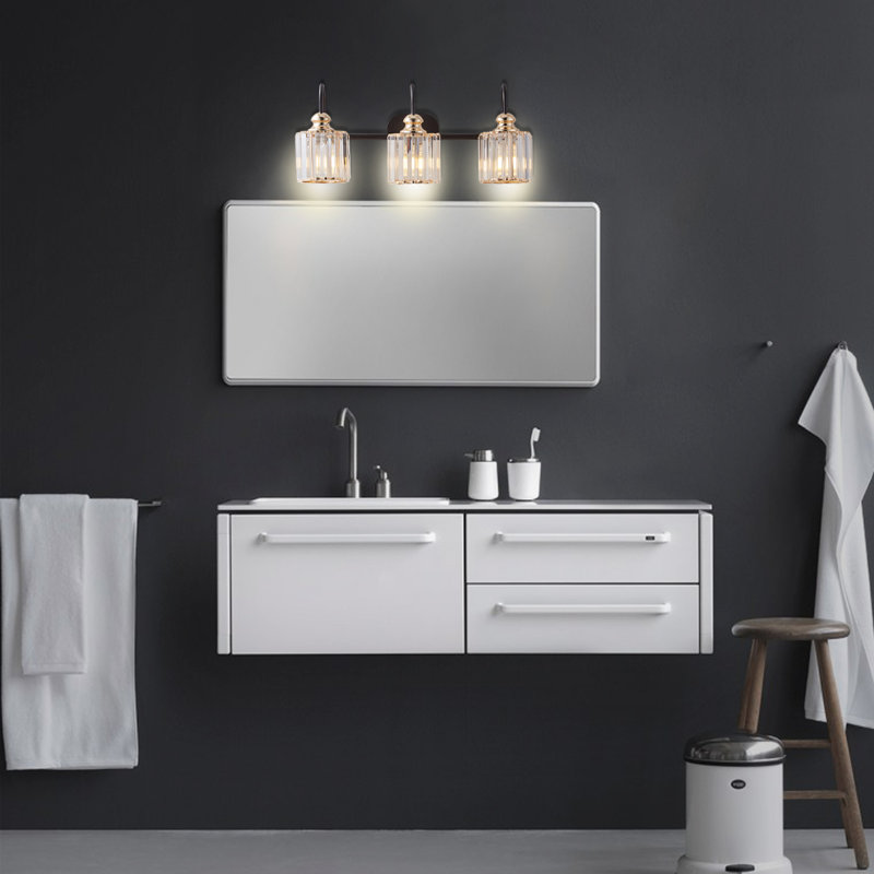 3-Light Bathroom Vanity Light with Fluted Crystal Glass Shades, Matte Black Bathroom Wall Light Fixture, 3