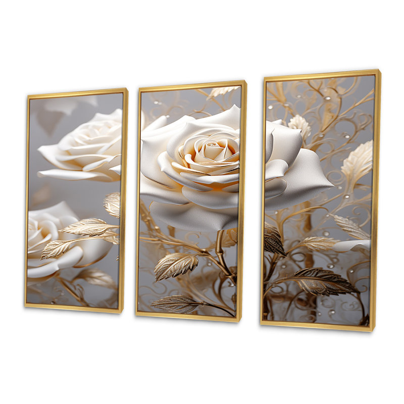 «White Rose Golden Leaves On Grey II - Roses», ensemble d'art mural, Cadre flottant doré, H 28 po x l 36 po x P 1 po