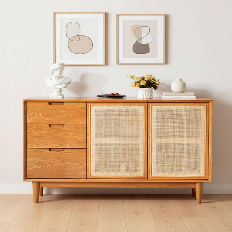 Buffet de rangement en bois massif et tissé de canne, 33.46" H x 59.05" W x 15.74" D