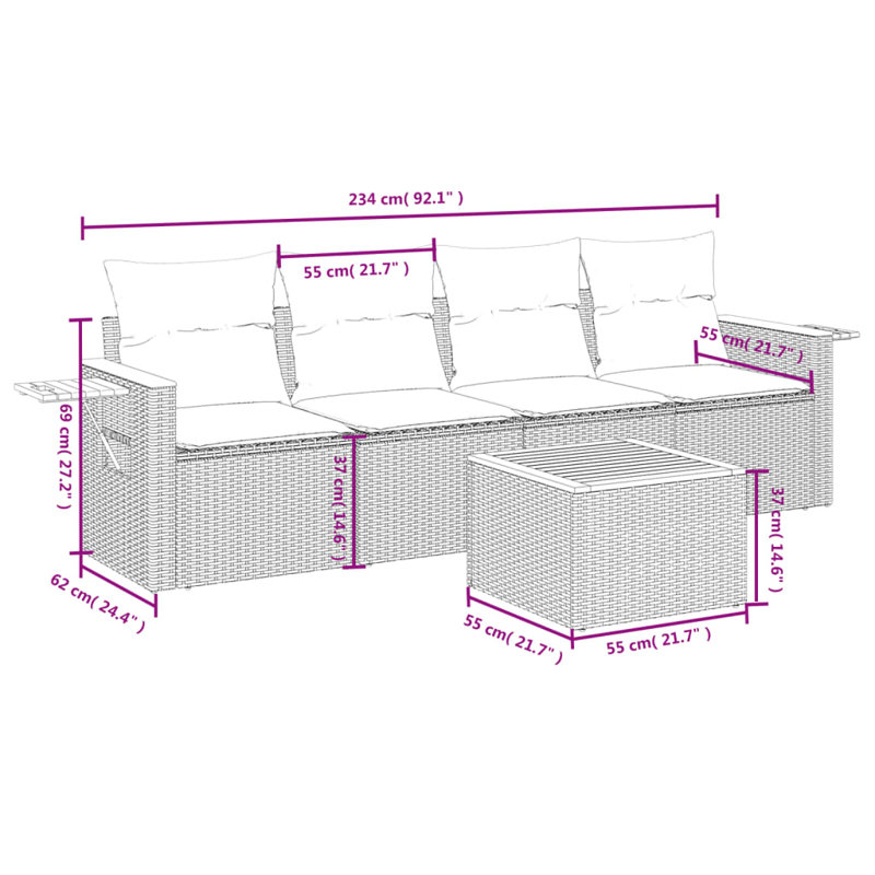  Ensemble de canapé de patio 5 pièces avec coussins en rotin de polyester gris (États-Unis seulement)