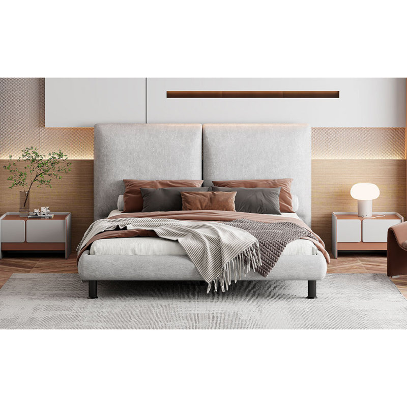 Queen Size Upholstered Platform Bed With Two Large Headrests And Thick Fabric, Polyester, Beige