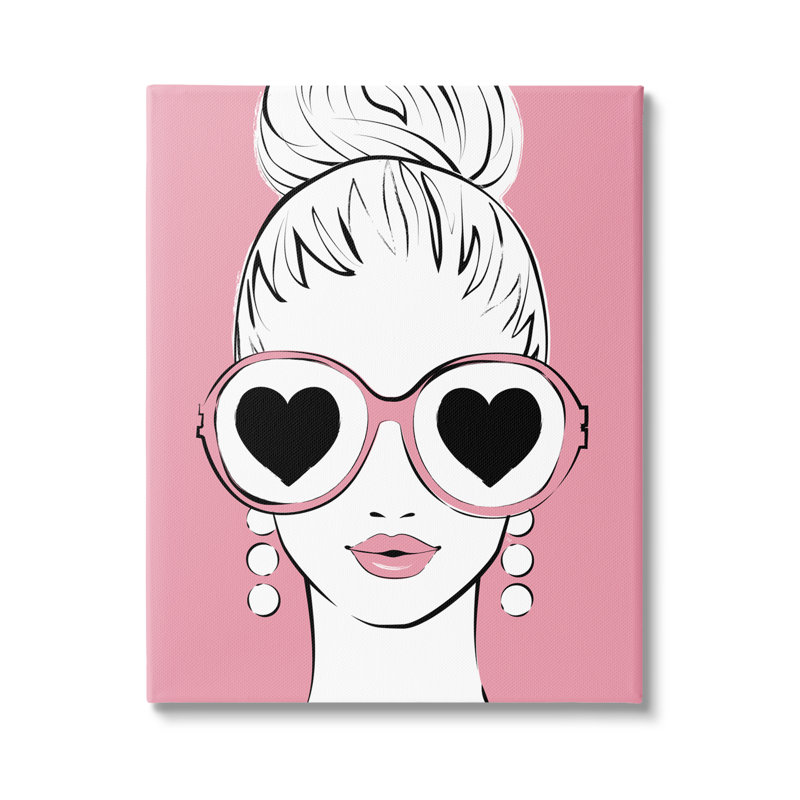 «Fashionable Woman Heart Sun lunettes Pink Glam» par Martina Pavlova - cadre flottant, impression sur toile, Toile tendue