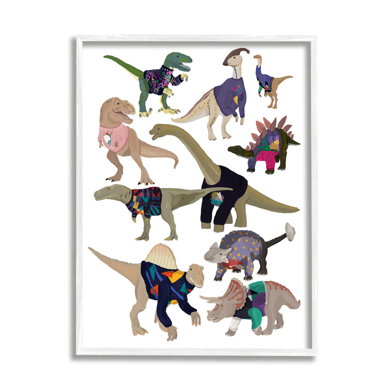 «Quirky Sweater Trend Dinosaurs Vintage Style Fashi», impression sur cadre en panneau de fibres à densité moyenne