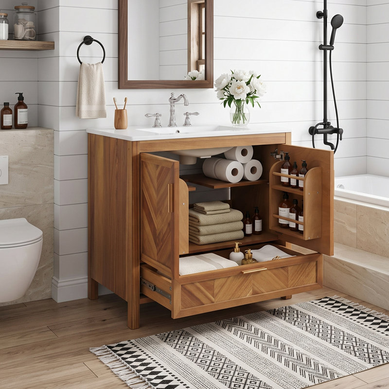 Meuble-lavabo autoportant de style ferme moderne de 76 cm (30 po), joli meuble-lavabo en bois brun avec beaucoup de rangement et lavabo en céramique blanche.