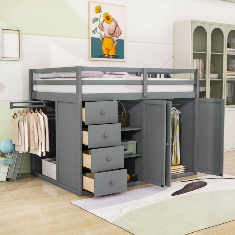 Lit mezzanine double avec tiroirs et tablettes de rangement intégrés, garde-robes, Gris