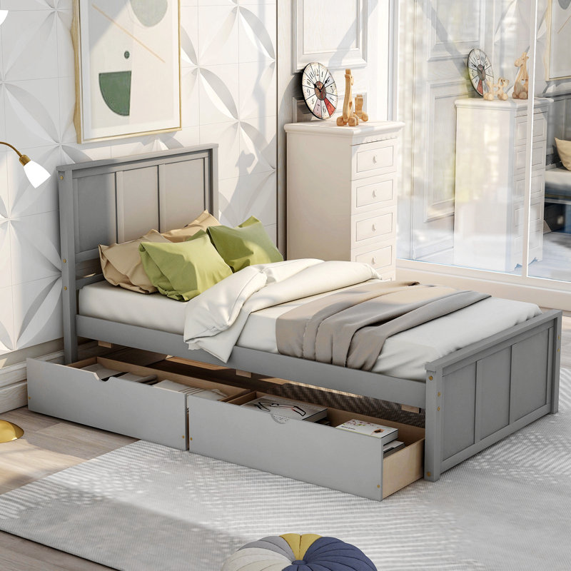 Lit plateforme avec rangement, 2 tiroirs avec roulettes, cadre, Gris