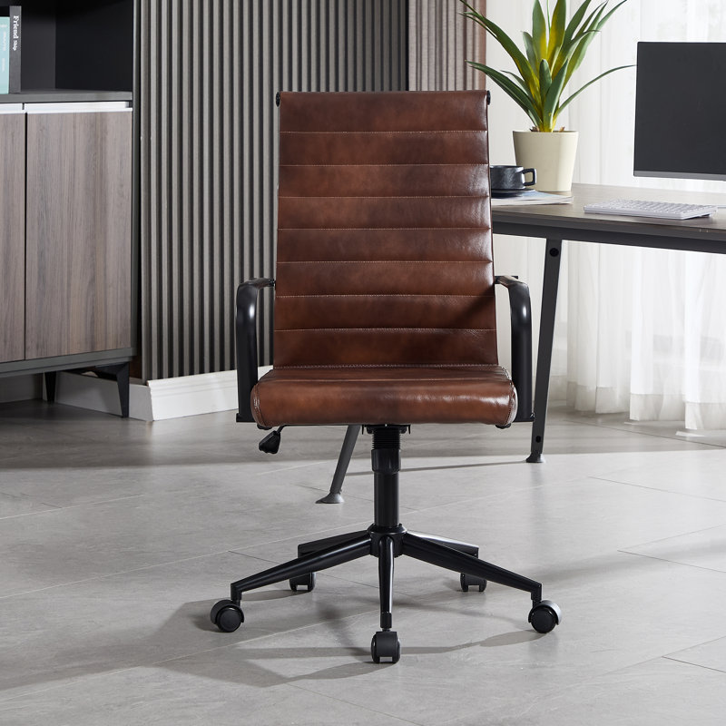 Fauteuil de bureau ergonomique Amaiia, Cuir véritable brun selle