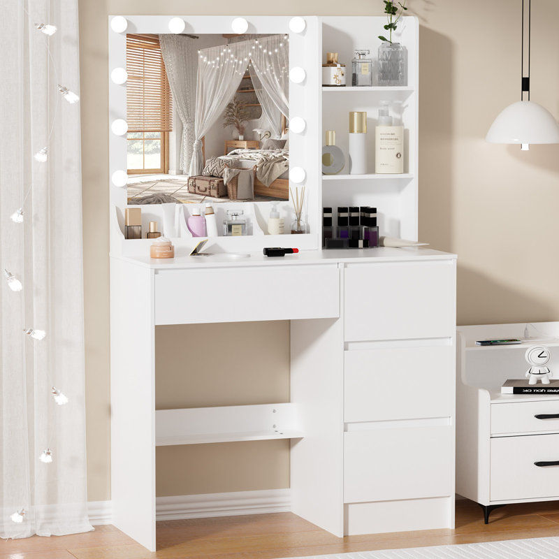 Bureau de coiffeuse avec miroir, 3 modes d'éclairage, table de maquillage avec tiroirs et tablettes de rangement pour filles