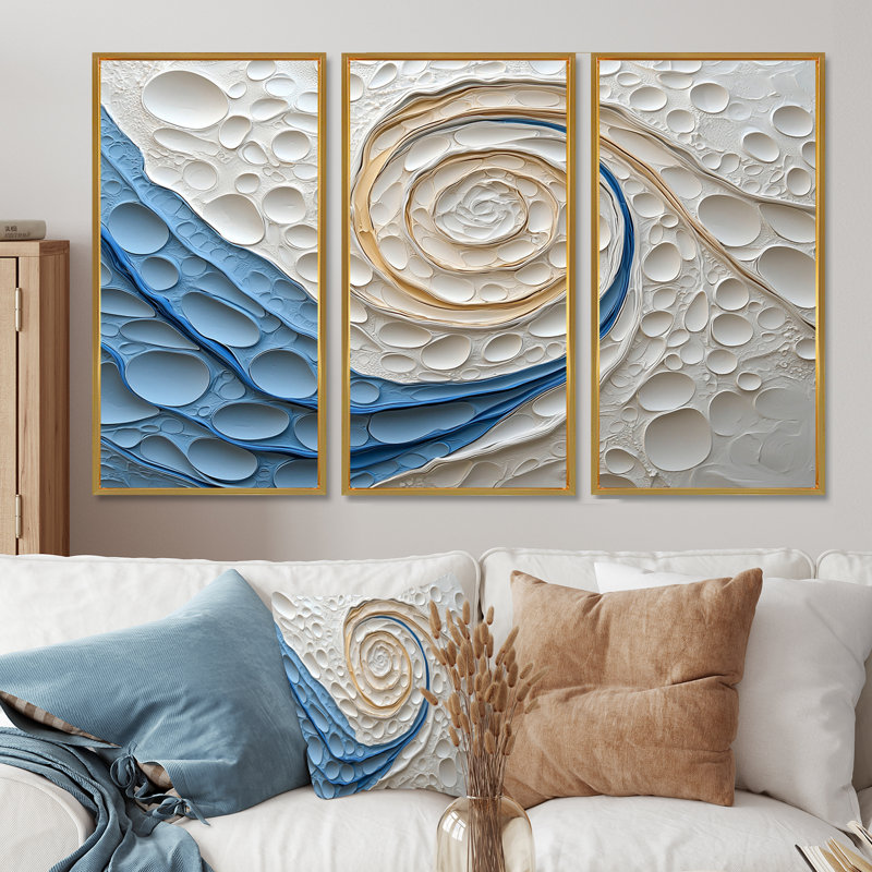 Spirales abstraites dans des tons blancs et bleus II - ensemble de reproductions d'art abstrait spirales murales
