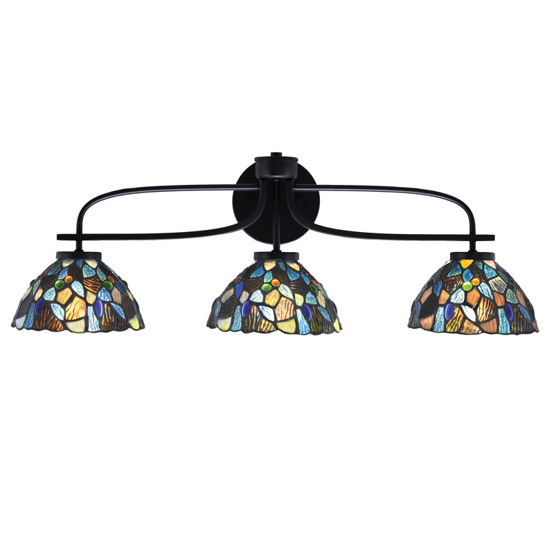 Barre d'éclairage de salle de bain 3 lumières Ameeya Cavella, fini noir mat avec verre d'art mosaïque bleu de 7 po