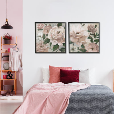 Ensemble de 2 giclées encadrées Elegant Blush, pivoines et feuilles, par Nan