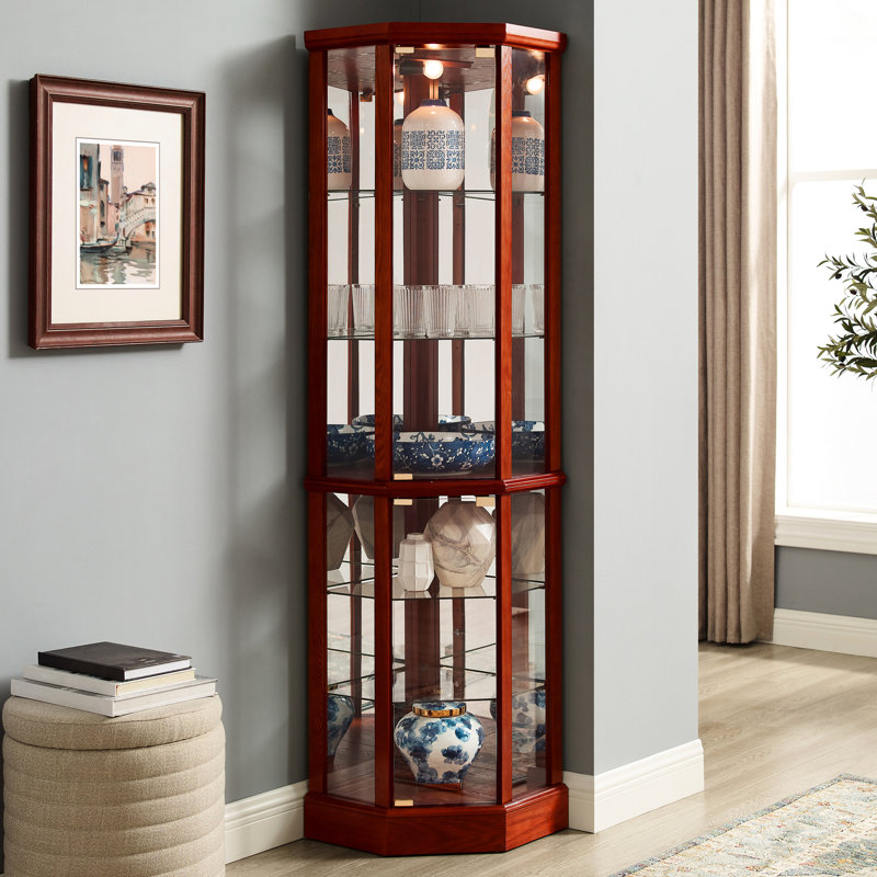Lighted 6-shelf Curio Cabinet With Adjustable Glass Shelves And Mirror Back In Fashionable Cherry Sideways Mirrored, Cherry