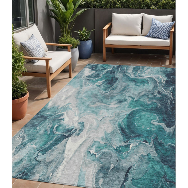 Tapis d'extérieur lavable abstrait bleu sarcelle et ivoire 5 pi x 8 pi