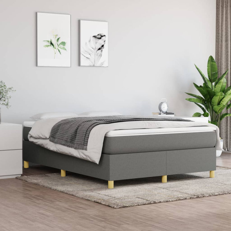 Box Spring Bed Frame Dark Grey Queen Fabric , Dark Gray, Queen