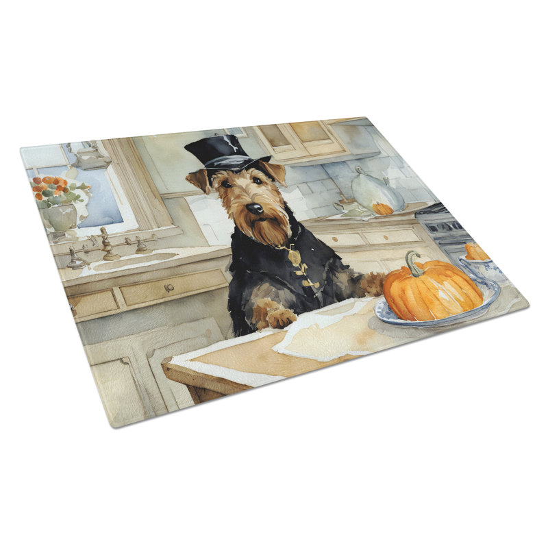 Airedale Terrier Fall Kitchen Pumpkins Glass Cutting Board Large