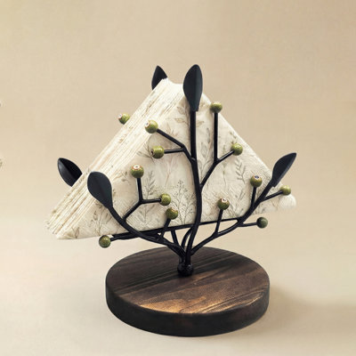 Tree Napkin Holder, Black Metal Branch Stand with Leaf and Berry Accents and Stable Round Wooden Base
