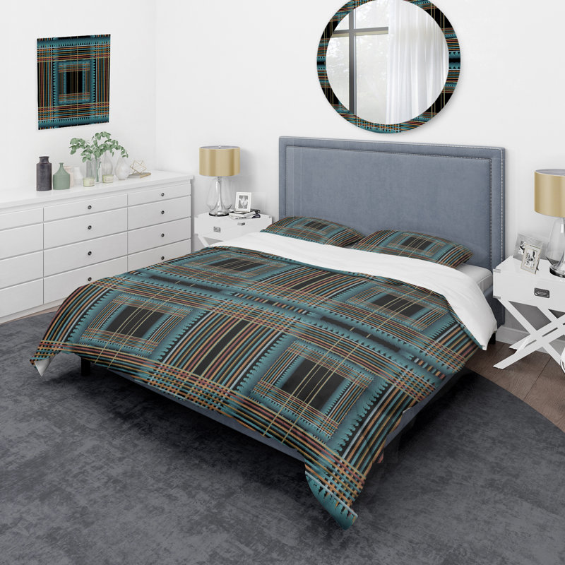 Turquoise grunge rayé - ensemble de housse de couette abstrait - microfibre de polyester