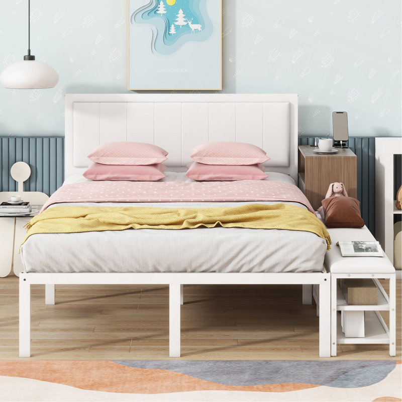 Metal Platform Bed with Soft Upholstery | Two-Tier Storage Shelves & Wooden Cabinet | Cushioned Footrest, White/Gray, Full