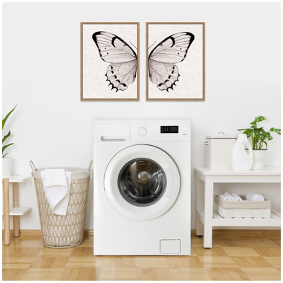 Minimal Butterfly Watercolor Neutral Linen 2 Piece Framed Canvas Wall Art Set by The Creative Bunch Studio