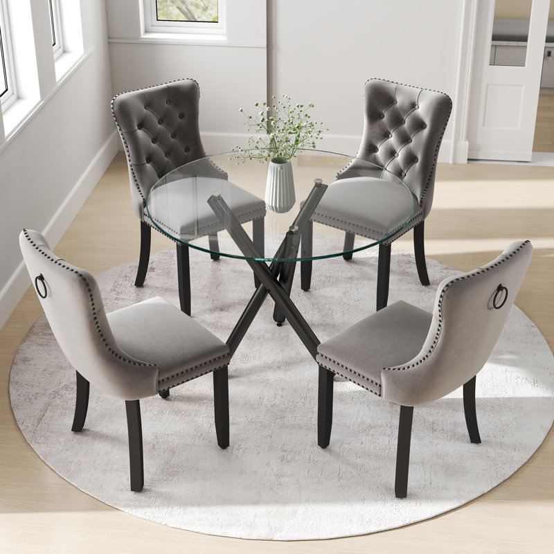 Round Glass Table Dining Set, 5, Gray