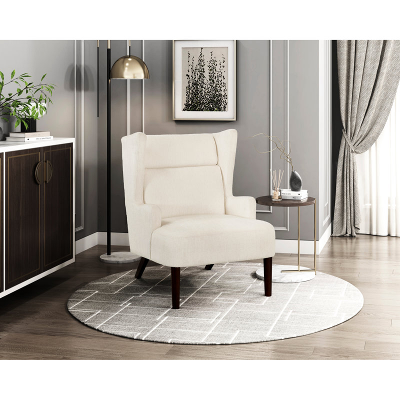 Fauteuil à oreilles beige en chenille avec structure en contreplaqué et fauteuil de revêtement confortable